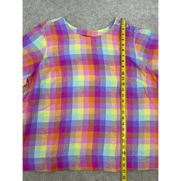 Lands' End Top Women's Multicolor Rainbow Plaid 100% Linen Short Sleeve 2X - Picture 7 of 8